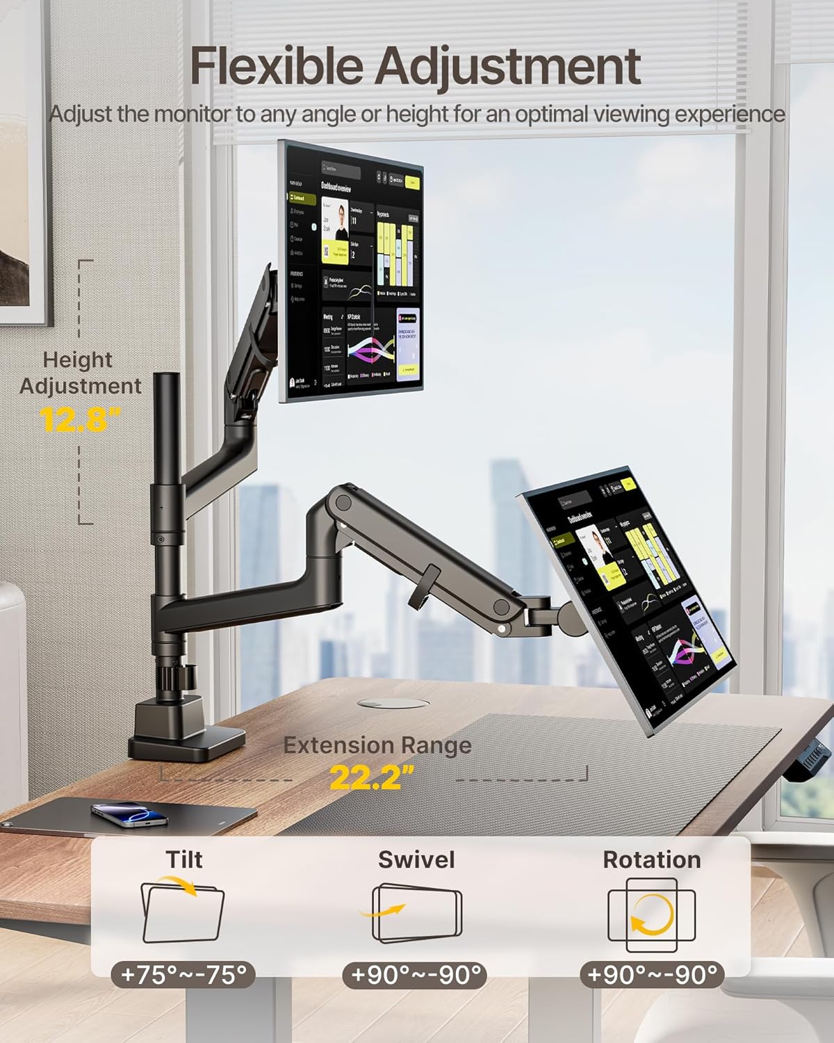 monTEK Dual Monitor Arm for up to 57" and 59.4 lbs Ultrawide Screen, Aluminum Heavy-Duty Gas Spring Vertical Stackable Curved Screen Adjustable Monitor Stand, 75/100mm Vesa Mount, Black