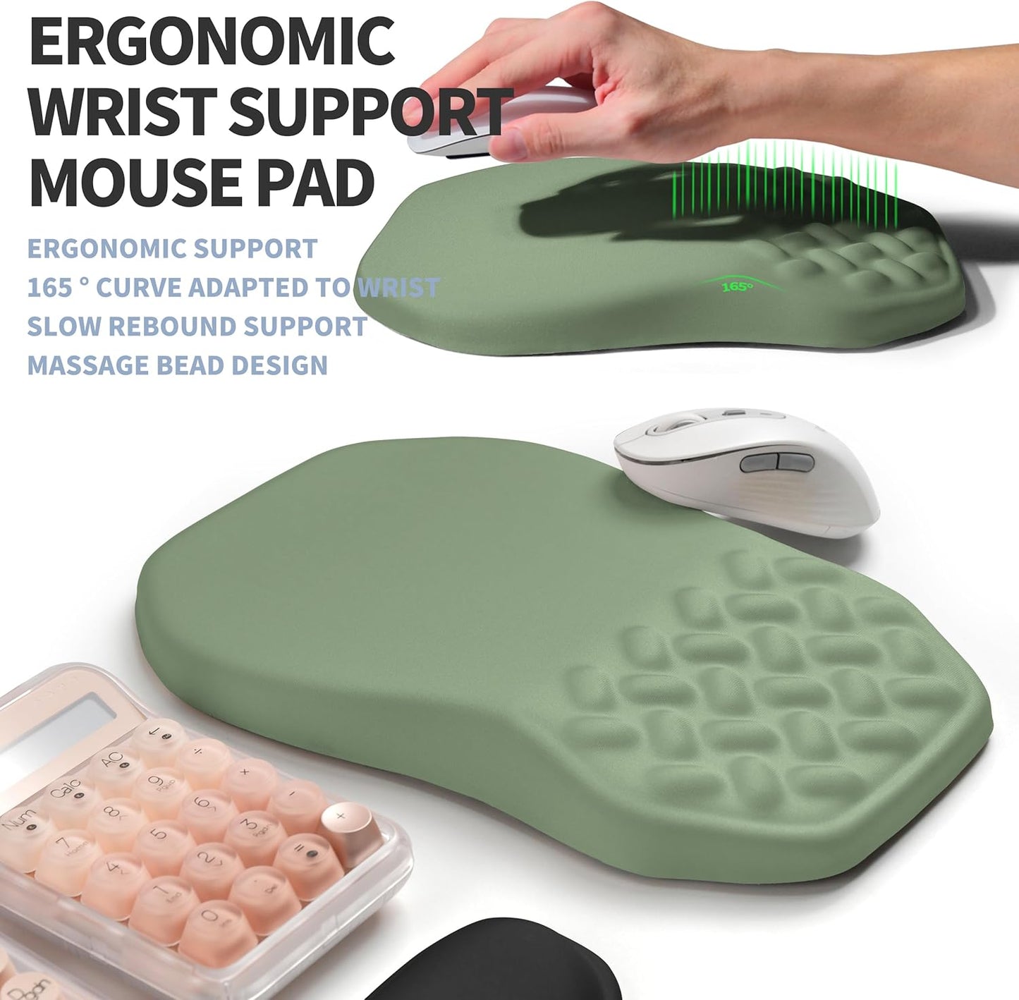 2-in-1 Ergonomic Set, Wave Keyboard Wrist Rest and Massage Slope Mouse Pad Wrist Support, Rebound Memory Foam for Relieve Carpal Tunnel Syndrome and Wrist Pain (Olive Green)