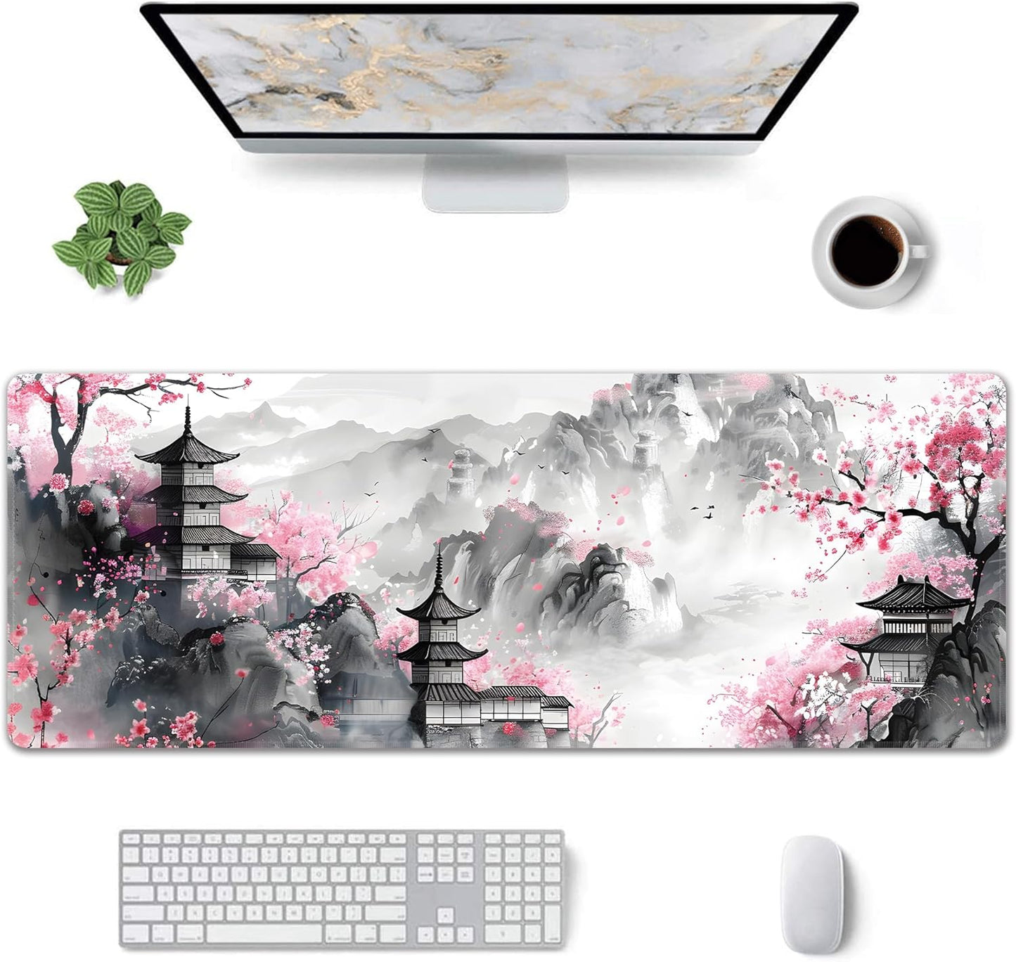 Japanese Cherry Blossom Large Mouse Pad,Gaming Keyboard Desk Pad,Extended Mouse Mat Non-Slip Rubber Base with Stitched Edges for Office Game Home XL 31.5"x11.8"