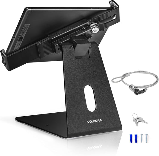 Volcora Anti-Theft Tablet Stand iPad Security Holder with Lock, Black 10-13 Inch Kiosk Stand Mount, Swivel, Adjustable, for iPad Pro, Air, POS Register, Retail Business, Checkout, Cashier