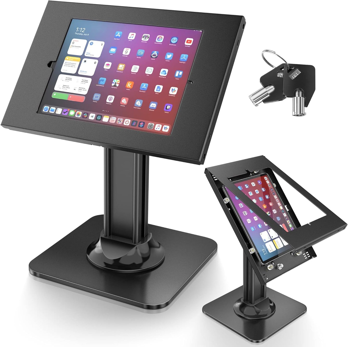 AboveTEK Anti-Theft iPad Kiosk Stand – POS iPad Security Stand & Locking Tablet Stand – Heavy Duty Base, 360° Swivel, 75° Tilt Bracket – Perfect for Retail Business (Black)