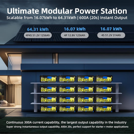 12V 314Ah LiFePO4 Lithium Battery 300Ah BMS, Built-in Metal Frame & Bluetooth 5.0, Full Metal Case 4.01kWh Energy, 8000+ Deep Cycles Batterys Perfect for Energy, RV, Solar, Trolling Motor