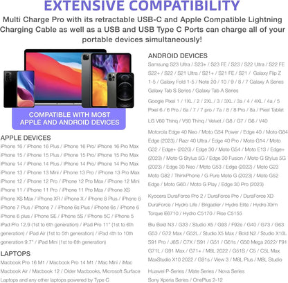 Multi Charge Pro iPhone Car Charger Fast Charging Retractable Car Charger USB C Auto Adapter, Powerful 120W 4-Port USB-C & USB-A and Lightning iPhone, Samsung, Tablets...