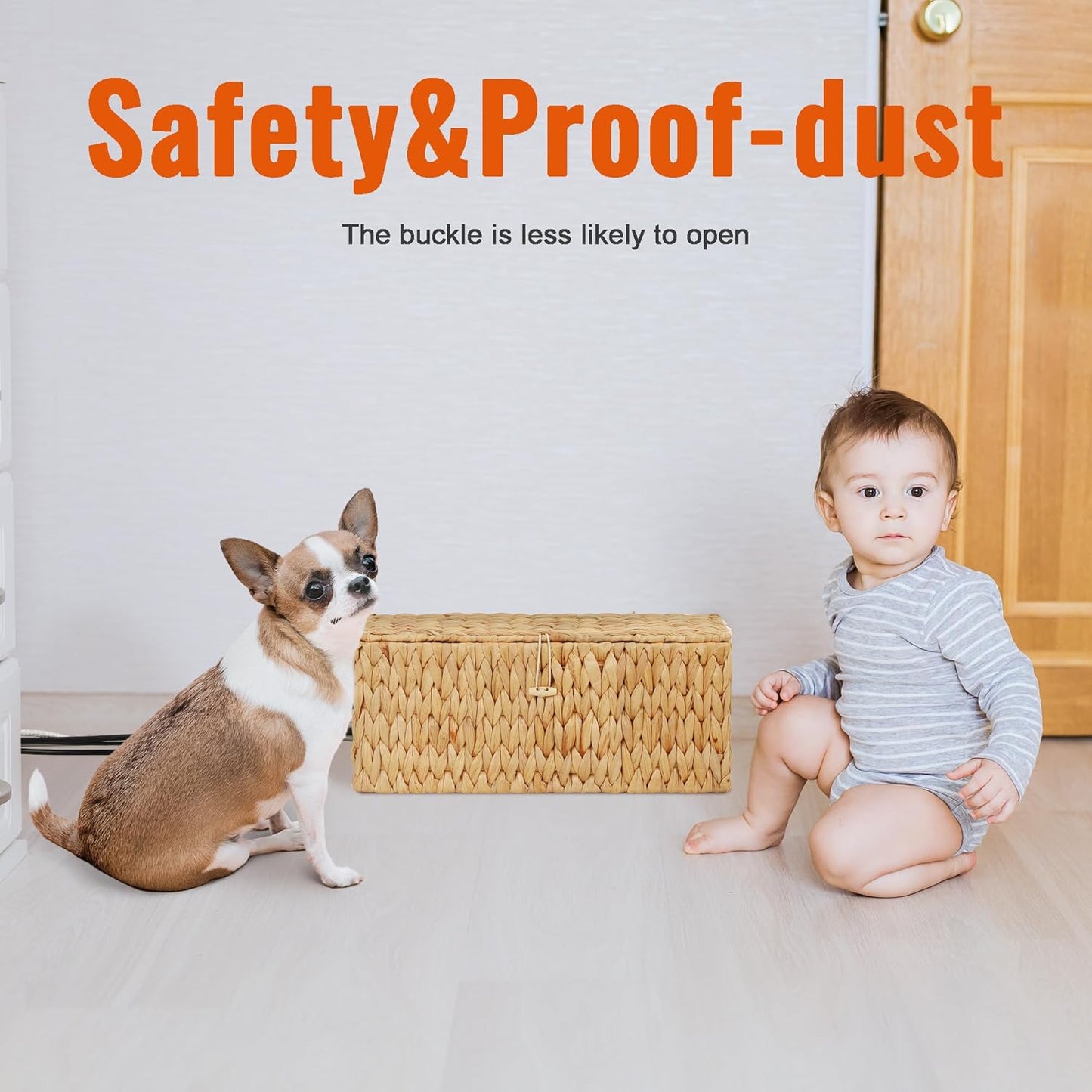 Posprica Cable Management Box with Lid, 2Pack Handwoven Real Water Hyacinth Cord Hider Organizer Boxes, 2 Side Open Slots Storage Box to Hide Cords Power Strip for Desk, Floor, Office