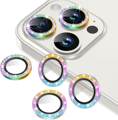 AGVEE 3+3 6 Pack for iPhone 15 Pro 6.1" / 15 Pro Max 6.7" Camera Lens Protector, Bling Diamond & Bling Glitter Metal Ring 9H Tempered HD Glass Camera Protector Cover Film, Bling-Colorful
