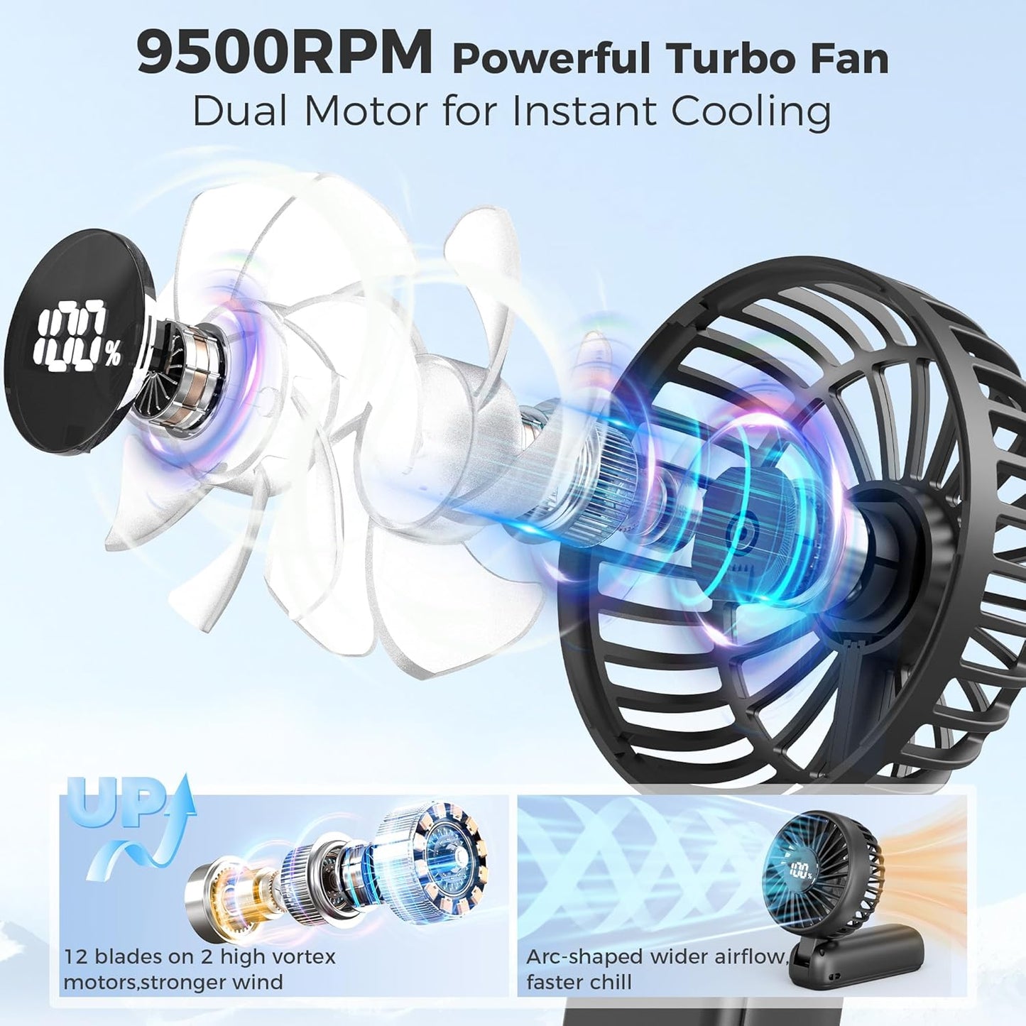 Portable Handheld Fan, 5000mAh Rechargeable Battery, Max 15H Cooling, 4 Speeds, LED Display, Foldable Design, 3-IN-1 Personal Pocket Fan with lanyard for Travel Outdoors Makeup Concert Commute