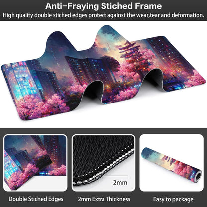Japanese Fantasy Night City Desk Mat,Large Beautiful Night Scene Gaming Keyboard Mouse Pad,Non-Slip Rubber Base Desk Pad Thick Stitched Edges Waterproof Mousepad Mouse Mat 31.5"x11.8"