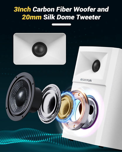 SW203 4.0 Computer Speakers - 60W 4-Way DSP Control 3D Immersive Sound - 3" Carbon Fiber Woofer & 20mm Silk Dome Tweeter - 24bit DAC USB/Bluetooth 5.4/AUX - Studio-Grade Audio (Pair, White)