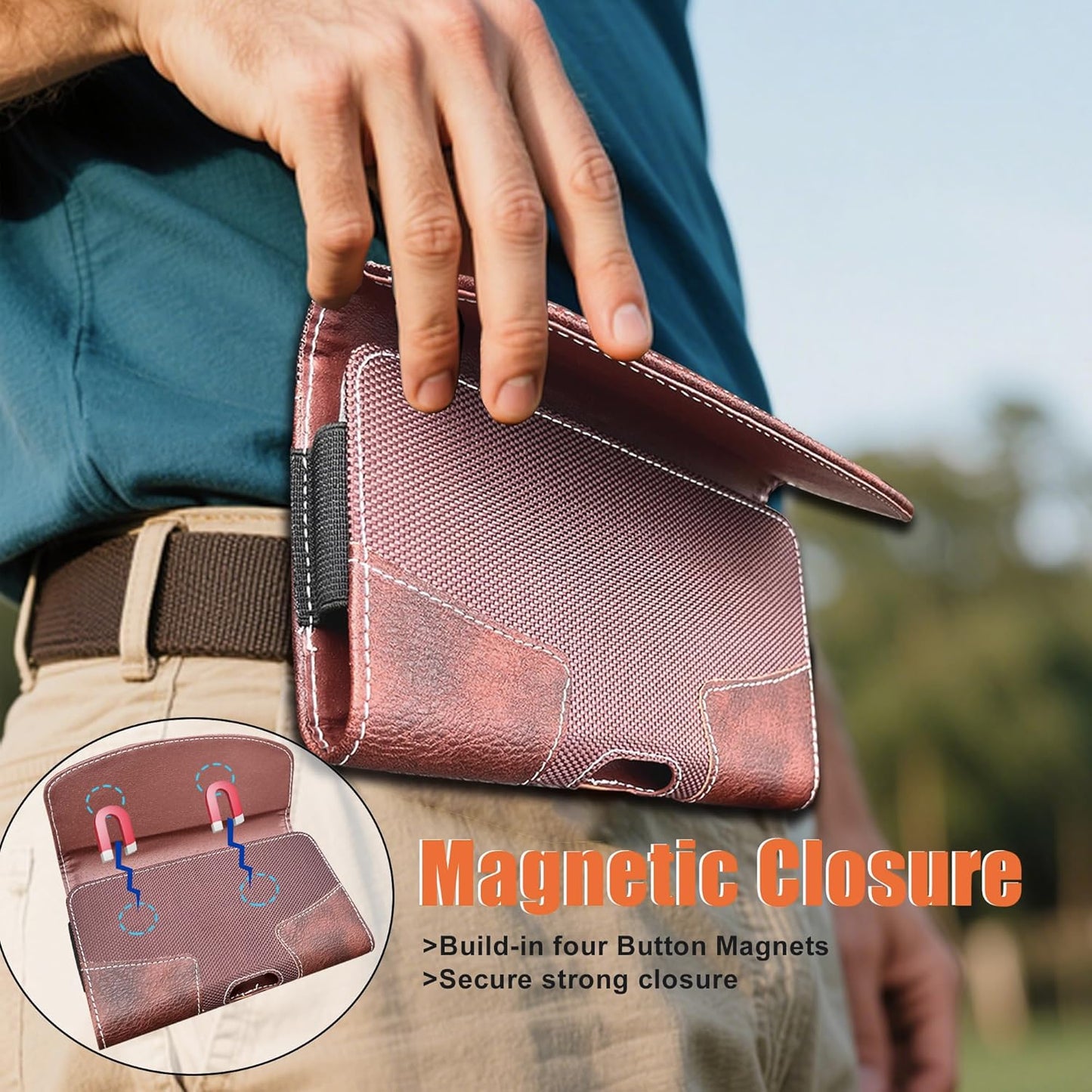 Leather Phone Holster for Men with Belt Clip, Cell Phone Holder for Galaxy A06/F06/M06/F14/XCover7/Moto Defy 2/BLU G64/TCL 60R/HMD Key,Belt Pouch Case Magnetic Closure (Brown-XXL)