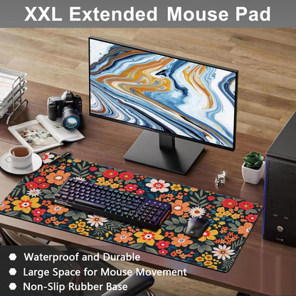 Mouse Pad, Large Colorful Flowers and Plants Desk Mat, Extended Non-Slip Gaming Keyboard Mousepad Desk Pad, Thick Stitched Edges Waterproof Mouse Mat 31.5"x15.7" (Bright Abstract Floral)