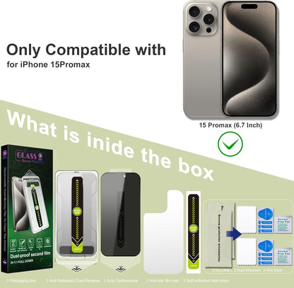 (2-Pack Anti-Spy Privacy Screen Protector for iPhone 15 Pro Max(6.7-Inch),9H Tempered Glass,Full Coverage,Anti-Fingerprint,Auto Dust Removal,Bubble-Free,Easy Installation