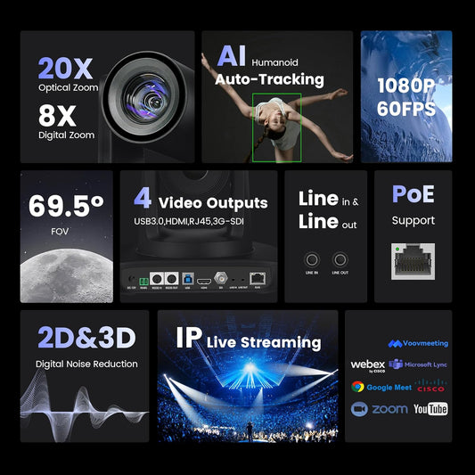 AI Auto Tracking PTZ Camera 3G-SDI/USB3.0/HDMI/LAN IP PoE Live Streaming 20X Optical and 8X Digital Zoom Camera 1080P 60FPS for Church Services Worship Education Events vMix OBS YouTube