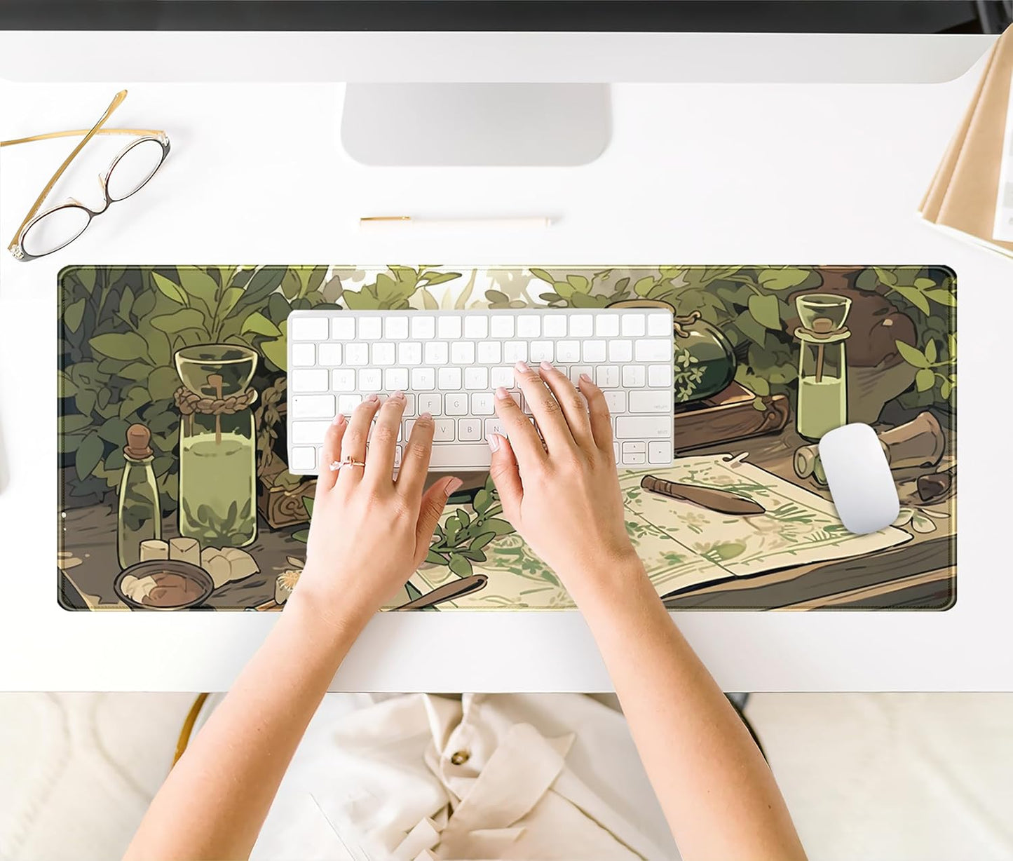 Cute Green Plants Desk Mat Anime Sage Mouse Pad Gaming Desk Pad XL, Kawaii Aesthetic Laptop Computer Keyboard and Mouse Mat, Desktop Decor Accessories Mousepad for Girl Women Office 31.5"x11.8"