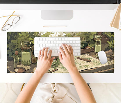 Cute Green Plants Desk Mat Anime Sage Mouse Pad Gaming Desk Pad XL, Kawaii Aesthetic Laptop Computer Keyboard and Mouse Mat, Desktop Decor Accessories Mousepad for Girl Women Office 31.5"x11.8"