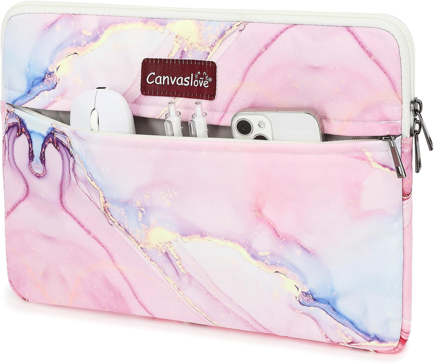 Canvaslove Pink Marble Laptop Sleeve Case Bag with Pocket for MacBook Pro 14 inch,Surface Laptop 14.4 inch and HP Lenovo Dell ASUS Acer 14 inch Laptop