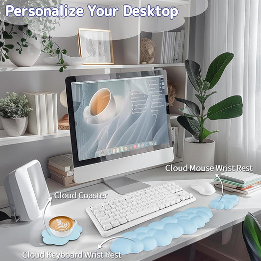 Cloud Wrist Rest Keyboard, Cloud Keyboard Wrist Pad Set with PU Leather Memory Foam, Cute Arm Rest for Palm Support, PC/Gaming Desk Accessories/Office Setup/Computer Hand Cushion - Blue