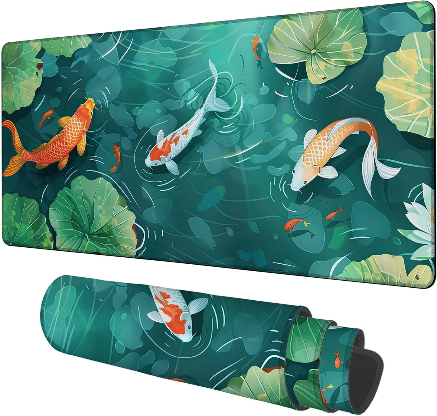 Colorful Koi Fish Gaming Mouse Pad 3mm Thick Stitched Edge Waterproof Non-Slip Large Computer Keyboard Mouse Mat,Suitable for Office Entertainment Decorative Desk Pad 35.4 x 15.7 Inches