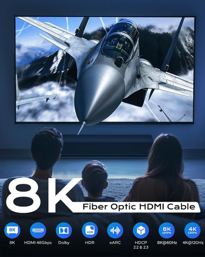 8K Fiber Optic HDMI Cable Long 50FT CL2 in Wall - 48Gbps High-Speed 8K 60Hz,4K120Hz,HDCP 2.2&2.3, HDR10 - HDMI Cord Compatible with HDTV,Monitor,Projector