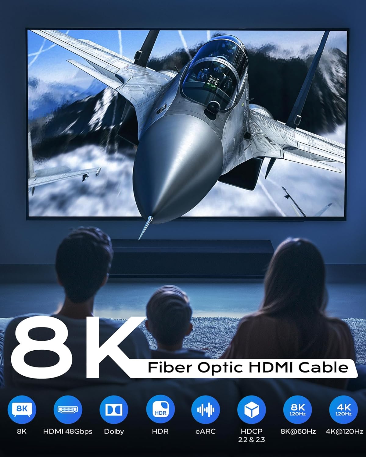 Long 8K Fiber Optic HDMI Cable 150FT - High-Speed HDMI Cord 48Gbps,8K 60Hz，4K 120Hz，HDCP 2.2&2.3，HDR10 - Compatible with HDTV/Monitor/Projector