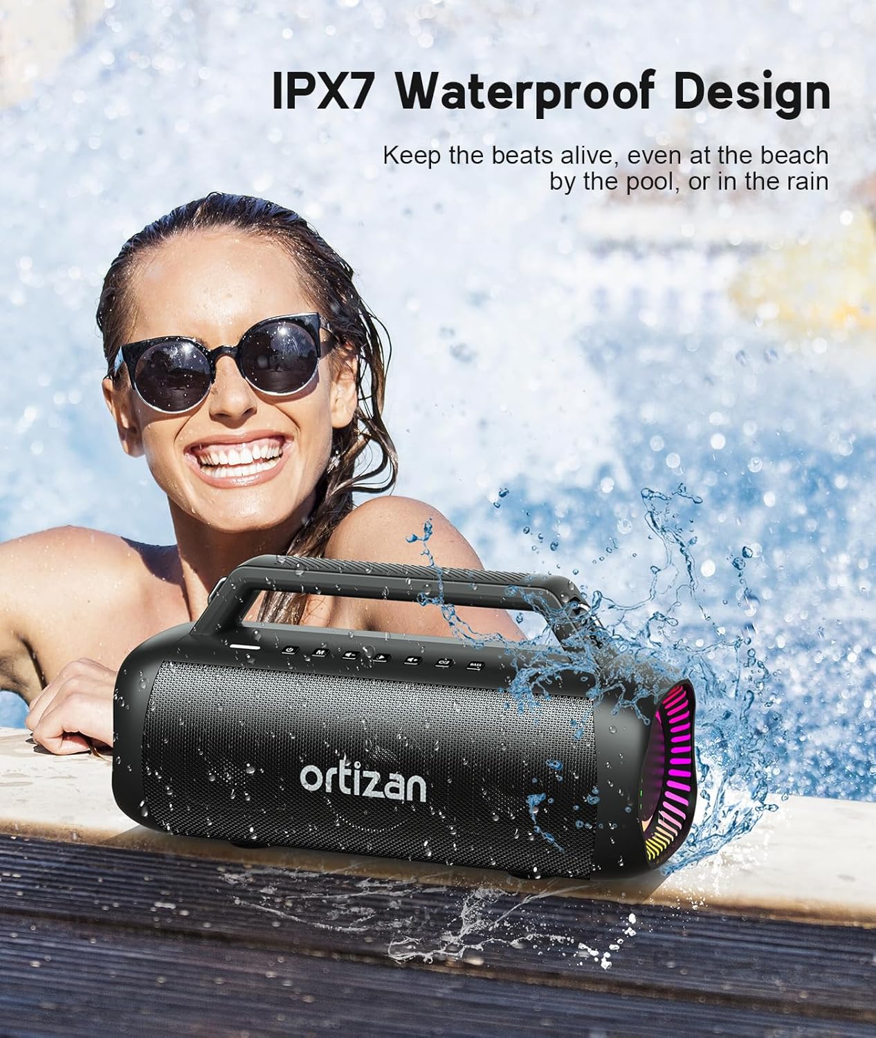 Ortizan Portable Bluetooth Speaker Loud, 80W Peak, Bass Up, 20H Playtime, IPX7 Waterproof, RGB Lights, Wireless Stereo Pairing, BT5.3, USB-C, Subwoofer Outdoor Speaker for Camping, Beach, Backyard