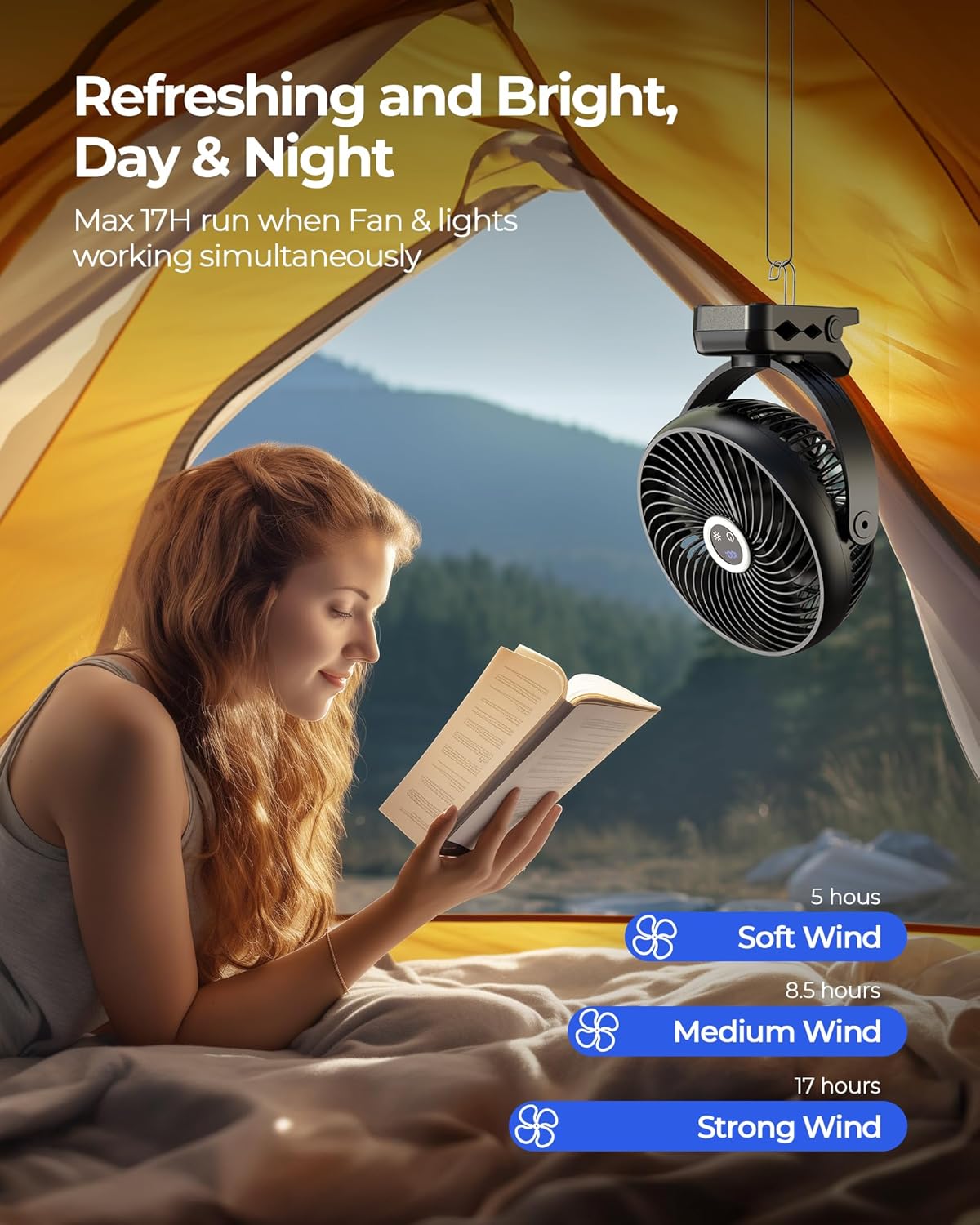 xasla 10000mAh Portable Clip On Fan With Light, 8 Inch Rechargeable Battery Operated Fan, 24H Long-last, Quiet Personal Camping Fan Digital Display, 3 Speed, 360° Rotate, for Gym Outdoor Travel