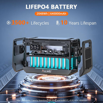 ALLWEI LiFePO4 Solar Generator 2400W(Surge 4800W) with 2x 200W Solar Panels, 2048Wh Portable Power Station, 4 AC Outlet, Expandable to 10240Wh, UPS Battery Generator for Outdoor RV Camping Home Use