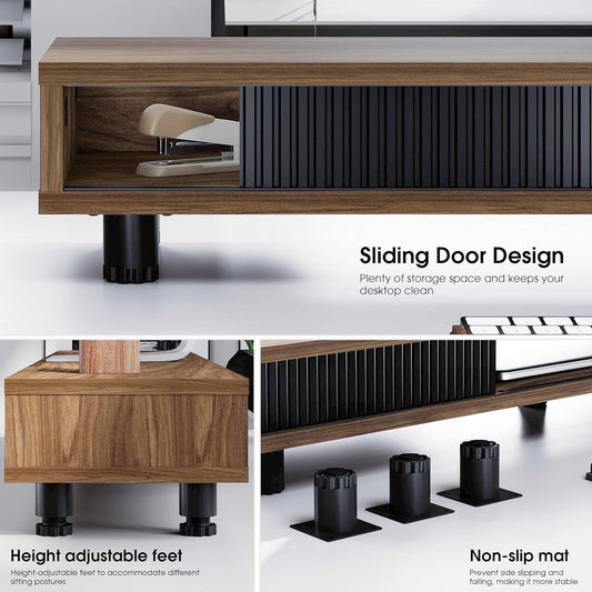 Fenge Dual Monitor Stand, 42.5inch Long Monitor Stands Riser for 2 Monitors, Sliding Door with Storage Organizer Stand for Desk, 2 Tier Desk Shelf for Laptop, Pc, Printer, Computer, TV