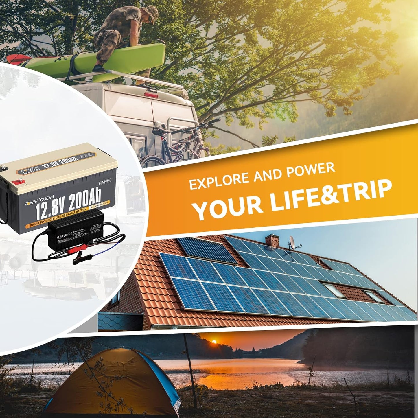 Power Queen 12.8V 200Ah LiFePO4 Battery with 14.6V 20A LiFePO4 Battery Charger; Built-in 100A BMS, Fully Charged Capacity, 2560Wh Energy, Perfect for RV, Camping, Solar System, Power Outage