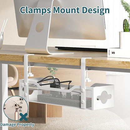 Under Desk Cable Management Tray White, Litwaro Cable Management Under Desk No Drill, Cable Organizer with Clamp for Wire Management, Cord Organizer for Office, Home No Damage to Desk