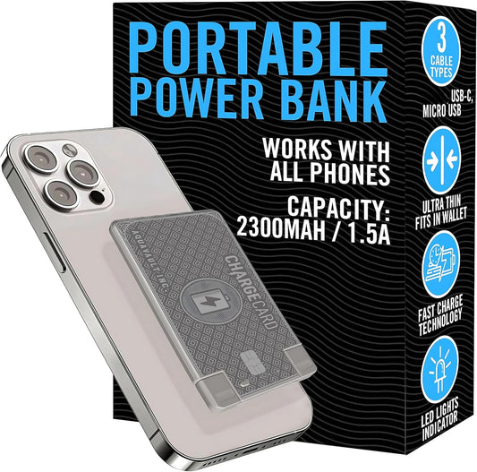 AquaVault ChargeCard – Ultra Slim Emergency Power Bank (2300mAh) – Fits in Wallet – USB-C & Micro-USB – Durable Steel Body – Flight-Safe Pocket Charger for iPhone 16/15/14/13/12, Android - (Platinum)