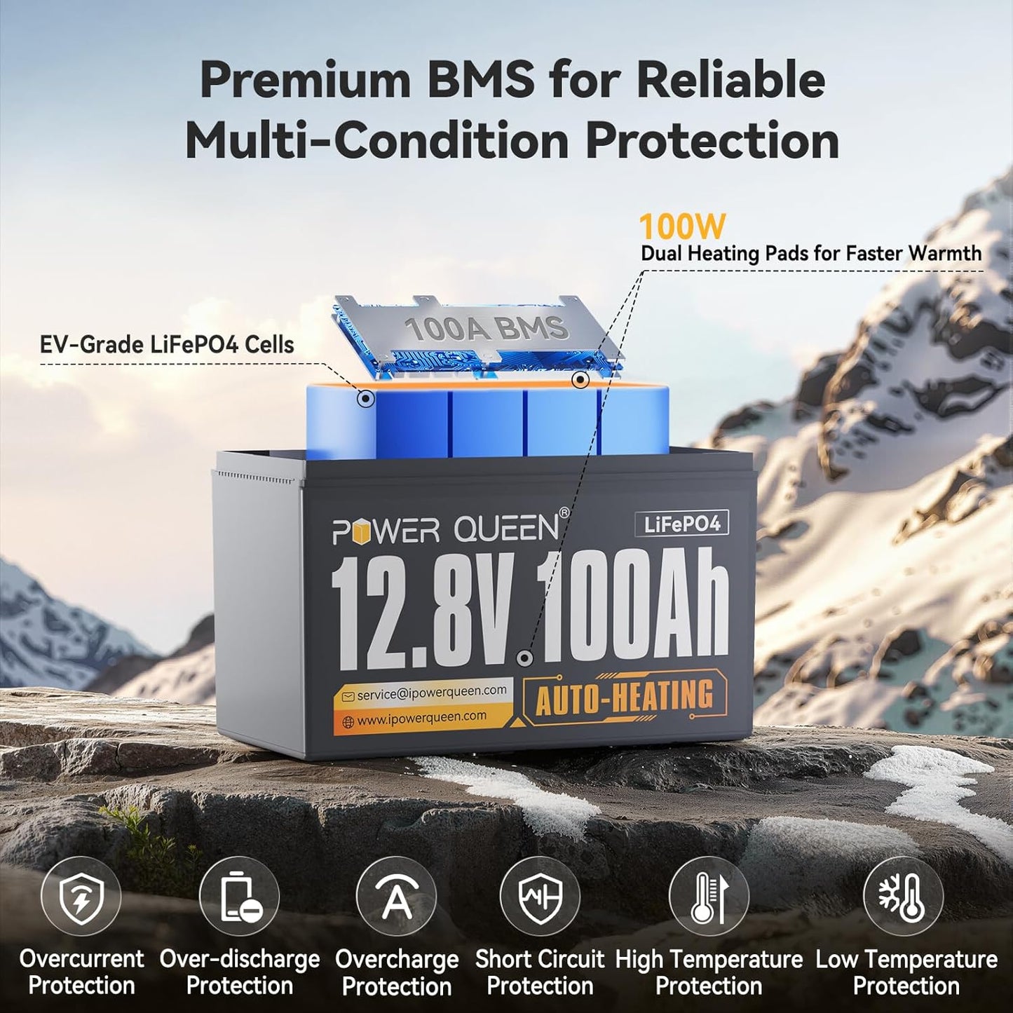 Power Queen Upgraded 12.8V 100Ah Auto-Heating Lithium Battery, Built-in 100A BMS, Low Temp Protection, Charging -4°F/-20°C, LiFePO4 Battery Up to 15000+ Cycles for RV, Off-Grid System, Trolling Motor