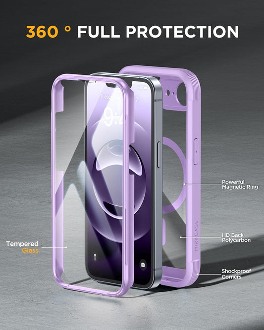 Miracase Magnetic for iPhone 16e Case Full-Body Phone with Built-in Glass Screen Protector, [Compatible with MagSafe] Military Drop Proof 16E Cover Bumper 6.1 inch, Purple