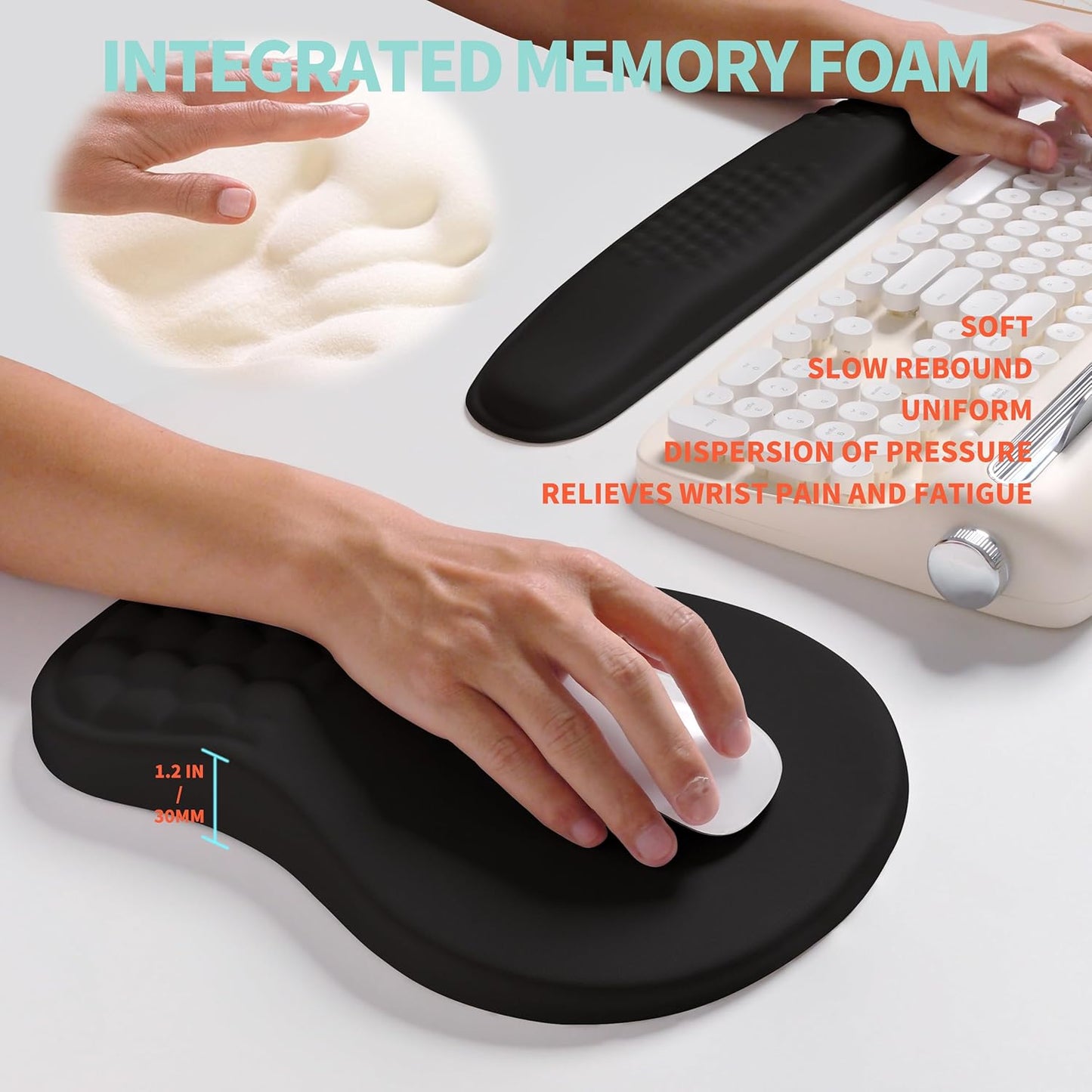 2-in-1 Ergonomic Set, Wave Rise Keyboard Wrist Rest and Massage Bulge Slope Mouse Pad Wrist Support, Cushion Memory Foam Integrated to Relieve Wrist Pain, Black