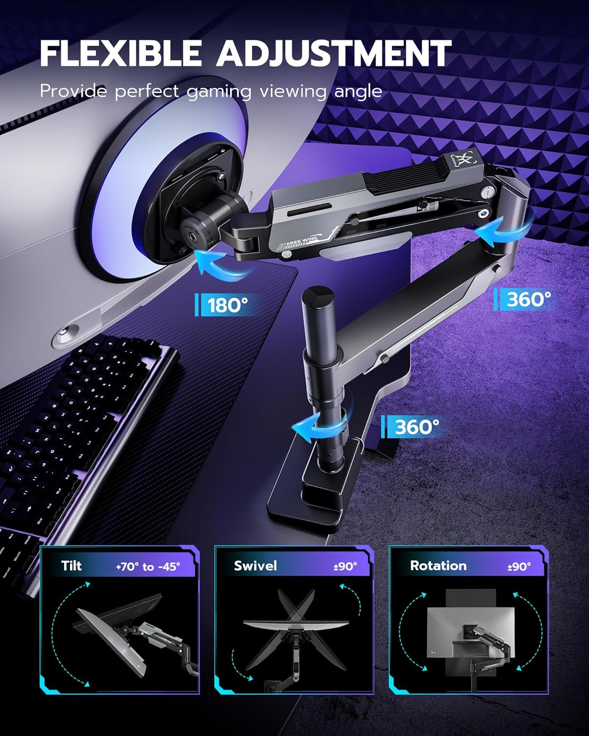 ARES WING Single Monitor Mount, Ultrawide Monitor Arm for 24 to 57 Inch Heavy Duty Curved Screen, Adjustable Gas Spring Monitors Arm Stand up to 66LBS with 75/100/200 Vesa Mount, Black