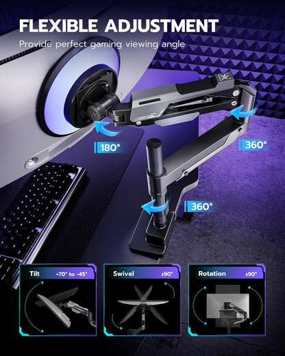 ARES WING Single Monitor Mount, Ultrawide Monitor Arm for 24 to 57 Inch Heavy Duty Curved Screen, Adjustable Gas Spring Monitors Arm Stand up to 66LBS with 75/100/200 Vesa Mount, Black