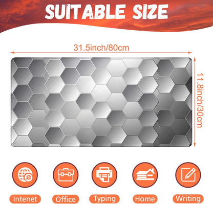 Large Gaming Mouse Pad for Desk, Silver Technology Honeycomb Desk Mat, Sci-Fi Honeycomb Desk Pad, 31.5"x15.7" Extended Big Computer Keyboard Mouse Pad with Non-Slip Base and Stitched Edge