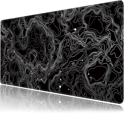 Black with White Topographic Line Large Mouse Pad,Gaming Keyboard Desk Pad,Extended Mouse Mat Non-Slip Rubber Base with Stitched Edges for Office Game Home XXL 35.4"x15.7"