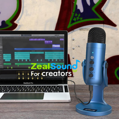 ZealSound USB Microphone,Condenser Gaming Mic for Phone/Laptop/PC/PS4/5/Computer,Microphone with Gain Knob,LED Mute,Monitor Volume Adjustment,Stand Base for Streaming, Podcast, Studio Recording (Blue)