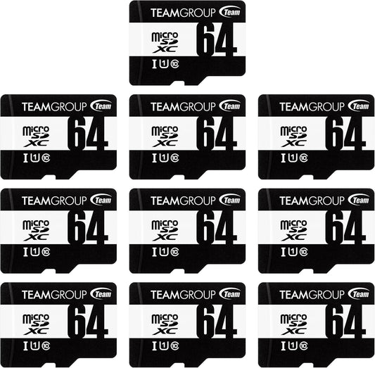 TEAMGROUP Micro 64GB x 10 Pack UHS-I U1 Class 10 SDHC SDXC Read Speed up to 100MB/s High Speed Flash Meomry Card with Adapter for Camera, Surveillance, Full HD Shooting TUSDX64GCL10U66
