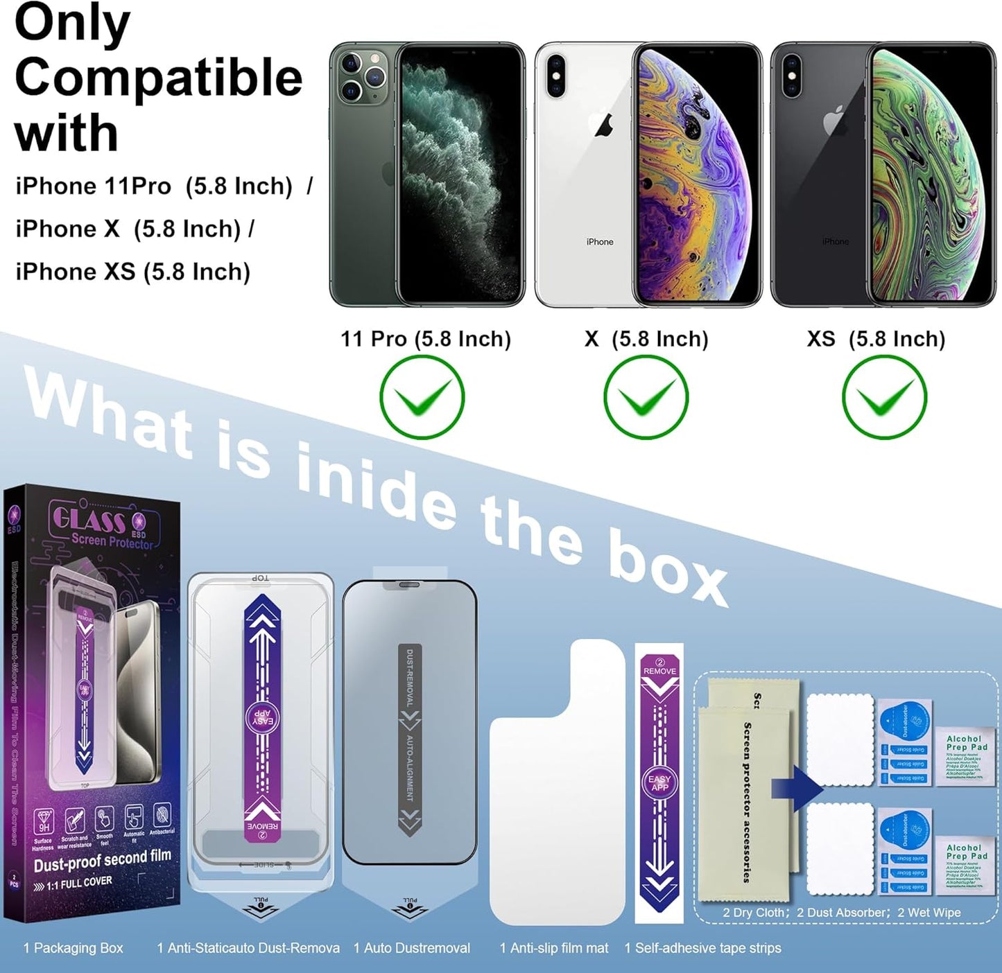 2 Pack Matte Screen Protector for iPhone 11 Pro and iPhone xs and iPhone x 5.8-Inch Auto Dust Removal, No Bubbles, Tempered Glass Film, Easy Installation