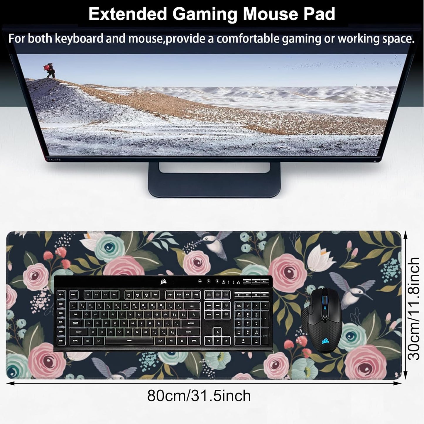 Colorful Flowers and Birds Desk Mat,Large Spring Floral Bird Gaming Keyboard Mouse Pad,Non-Slip Rubber Base Desk Pad Thick Stitched Edges Waterproof Mousepad Mouse Mat 31.5"x11.8"