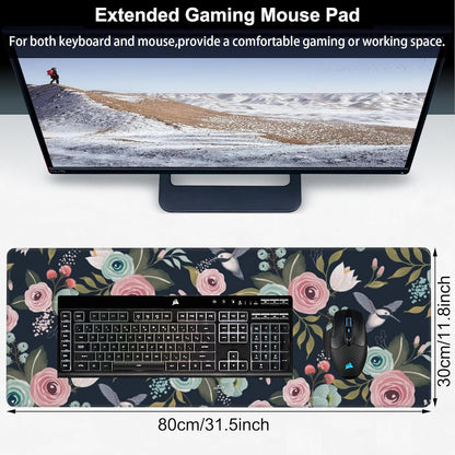 Colorful Flowers and Birds Desk Mat,Large Spring Floral Bird Gaming Keyboard Mouse Pad,Non-Slip Rubber Base Desk Pad Thick Stitched Edges Waterproof Mousepad Mouse Mat 31.5"x11.8"