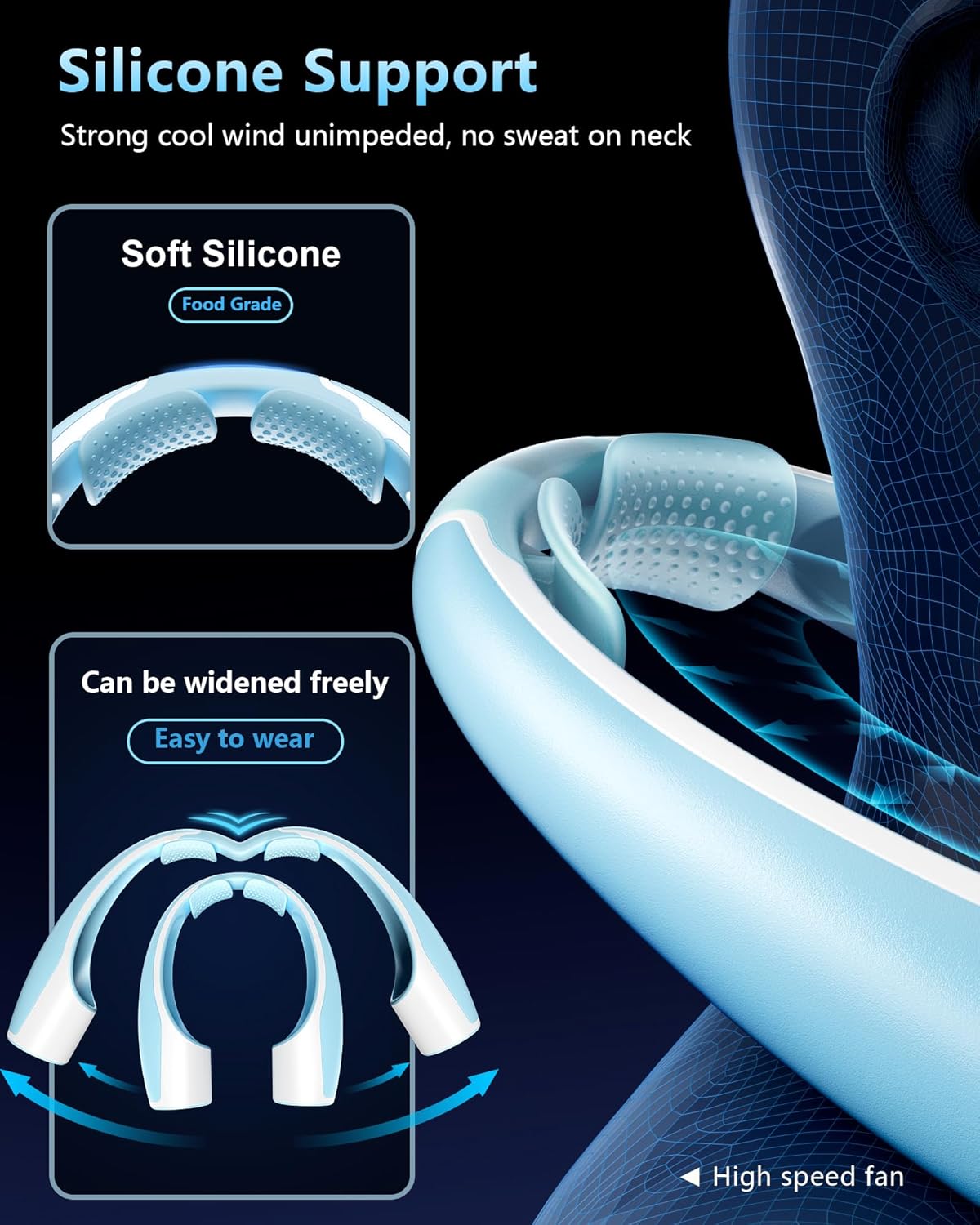 AI Neck Fan, 4 Speeds Adjustable Portable Personal Fan Rechargeable, 4000 mAh Battery Faster Cooling Wearable Fan, Ultra Quiet for Home, Office, Travel, Outdoor - White Blue