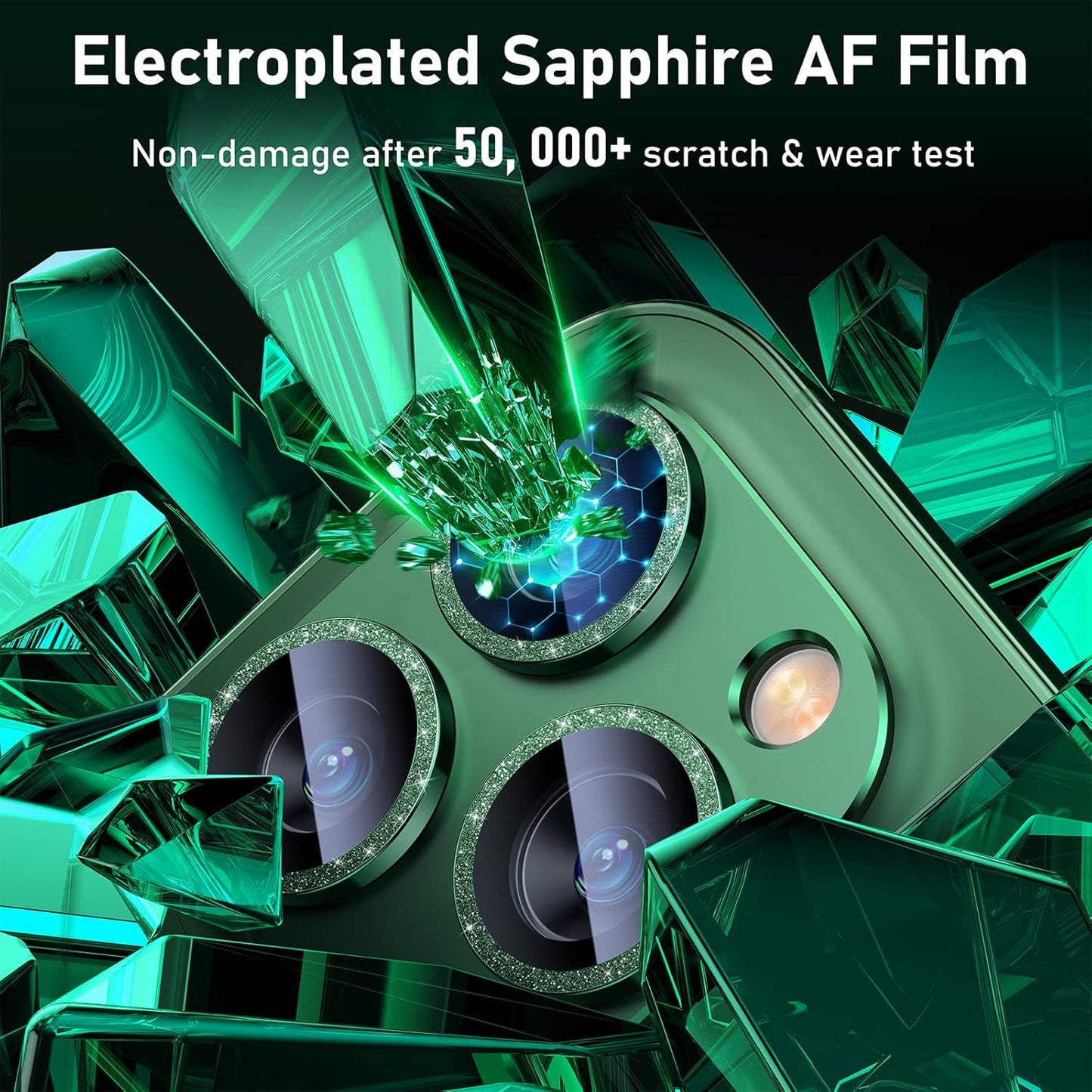 UniqueMe for iPhone 13 Pro/iPhone 13 Pro Max Camera Lens Protector, [Strong Drop Protection] [Not Easy to Fall-off] Metal Ring Tempered Glass Rear Camera Screen Cover - Alpine Green (Bling Circle)