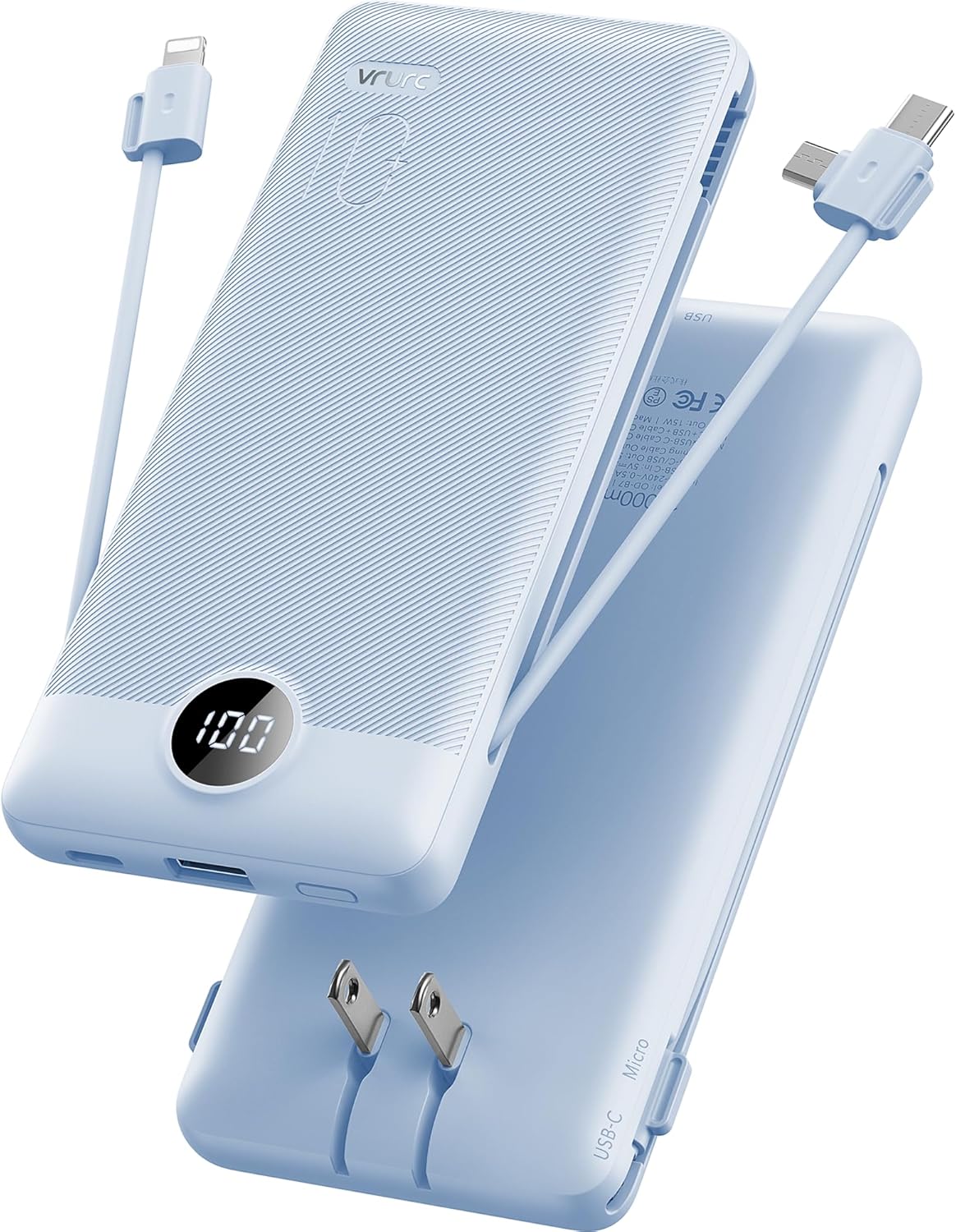 VRURC Portable Charger Built-in Cables and AC Wall Plug, USB C Power Bank 10000mAh, Travel Essentials Phone Charger Compact Lightweight External Battery Pack for Smart Phones, Tablets etc-Blue