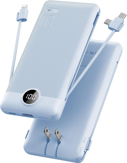 VRURC Portable Charger Built-in Cables and AC Wall Plug, USB C Power Bank 10000mAh, Travel Essentials Phone Charger Compact Lightweight External Battery Pack for Smart Phones, Tablets etc-Blue