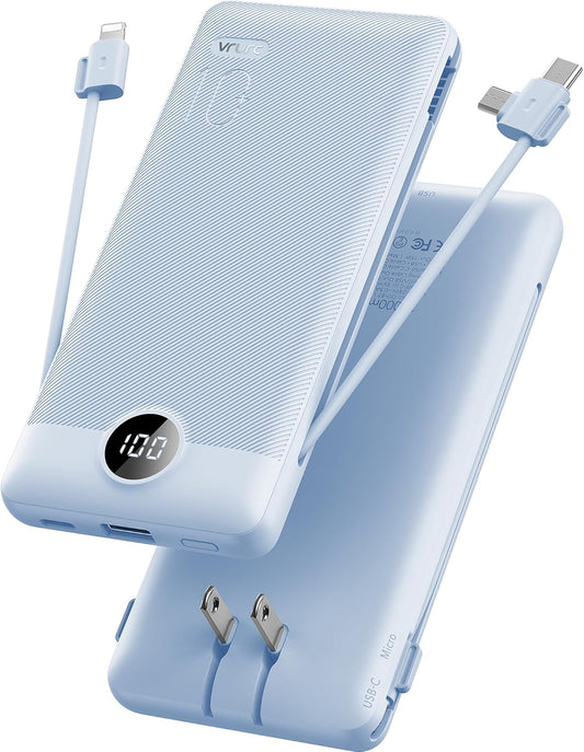 VRURC Portable Charger Built-in Cables and AC Wall Plug, USB C Power Bank 10000mAh, Travel Essentials Phone Charger Compact Lightweight External Battery Pack for Smart Phones, Tablets etc-Blue