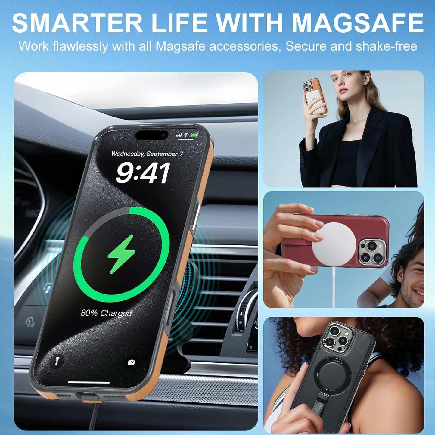 Leather Case, Suitable for iPhone 16 Pro Max Case, Invisible Magnetic Design, Equipped with a Lanyard and Foldable Stand, Black, Yellow and red (Black, iPhone 16 Pro Max)