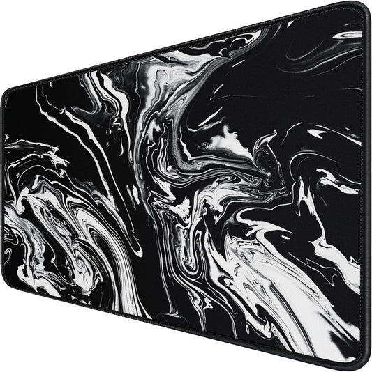 Large Extended Gaming Mouse Pad with Stitched Edges, Durable Non-Slip Natural Rubber Base, Waterproof Computer Keyboard Pad Mat for Esports Pros/Gamer/Desktop/Office/Home - Black White