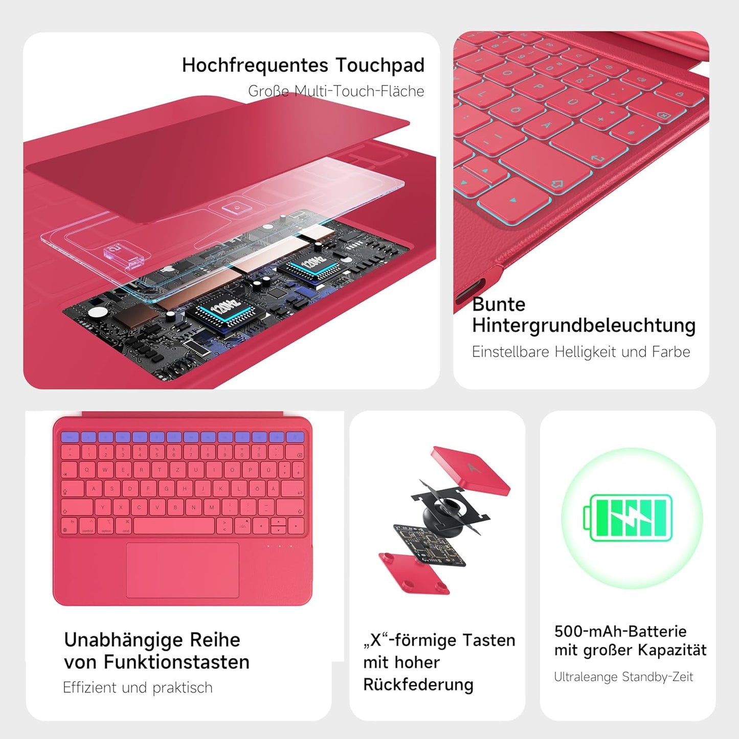 HOU Rotatable Keyboard Case for iPad Air 11 (M3/M2 2025), Magnetic Detachable Case with Keyboard for iPad Pro 11 (4th/3rd/2nd/1st Gen) and iPad Air (6th/5th/4th Gen) with Touchpad, Backlight - Magenta